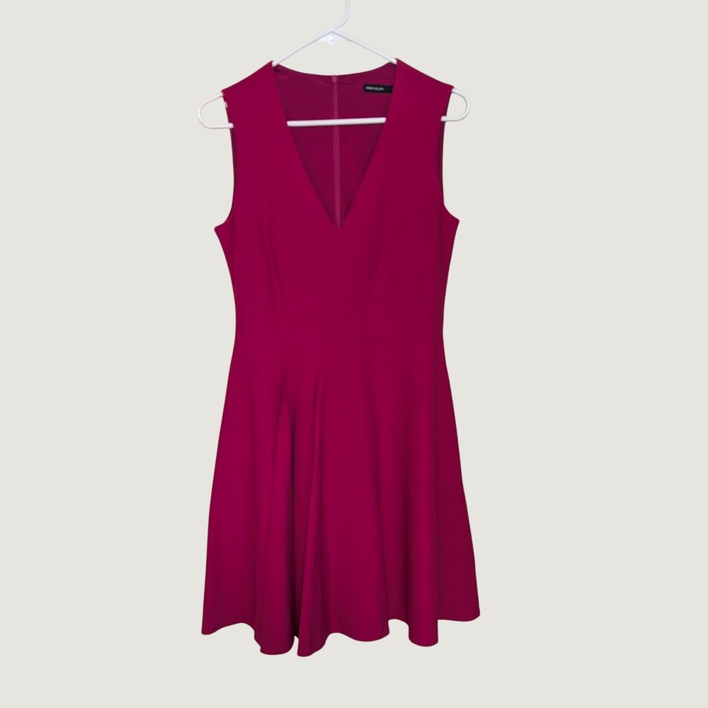 Karen Millen Magenta Pink V-Neck Fit and Flare Dress Sleeveless Size 8